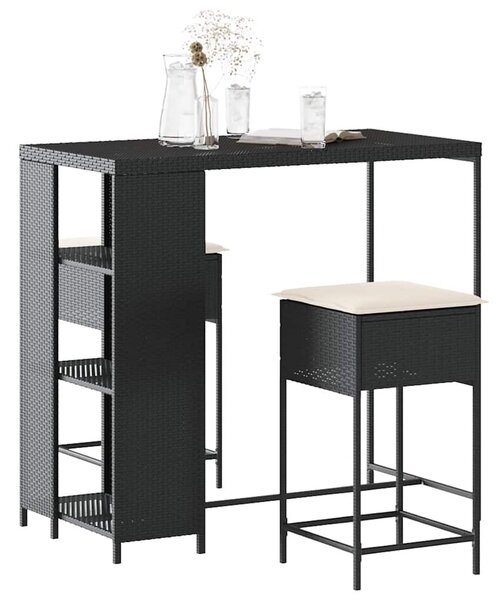 3 részes fekete polyrattan kerti bárszett párnával