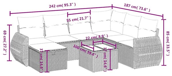 8 részes fekete polyrattan kerti ülőgarnitúra párnákkal