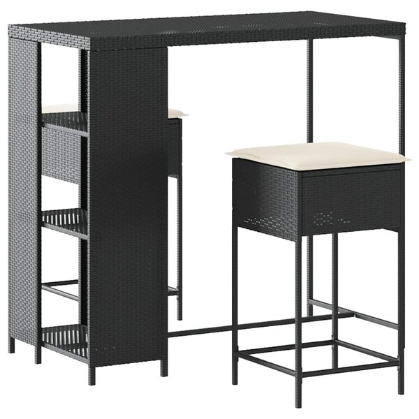 3 részes fekete polyrattan kerti bárszett párnával