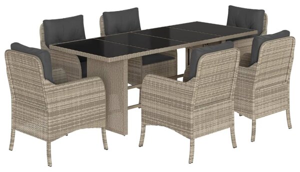 7 részes világosszürke polyrattan kerti étkezőszett párnával