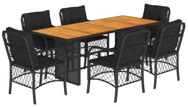 7 részes fekete polyrattan kerti étkezőgarnitúra párnával