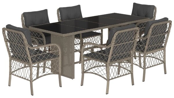 7 részes világosszürke polyrattan kerti étkezőszett párnával