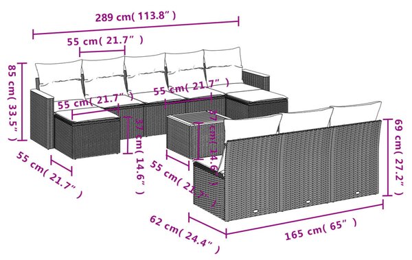11 részes fekete polyrattan kerti ülőgarnitúra párnákkal