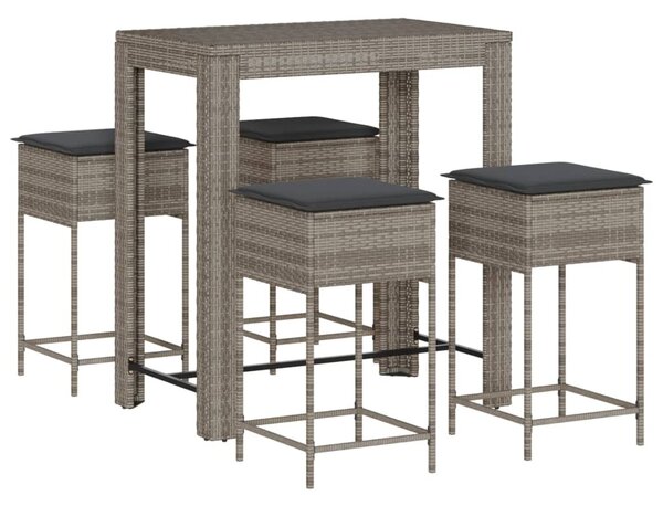 5 részes szürke polyrattan kerti bárszett párnákkal