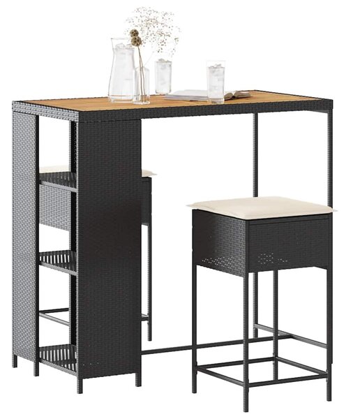 3 részes fekete polyrattan kerti bárszett párnával
