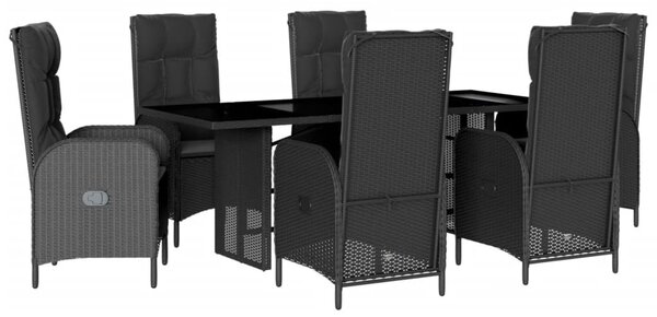 7 részes fekete polyrattan kerti étkezőgarnitúra párnával