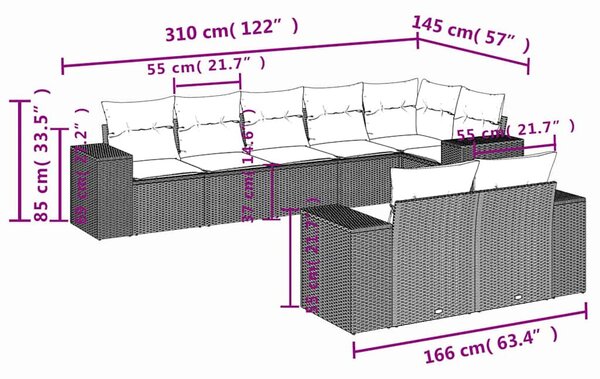 8 részes fekete polyrattan kerti ülőgarnitúra párnákkal