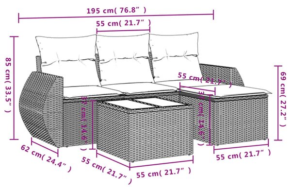 5 részes fekete polyrattan kerti kanapészett párnákkal