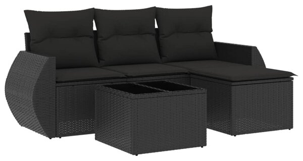 5 részes fekete polyrattan kerti kanapészett párnákkal