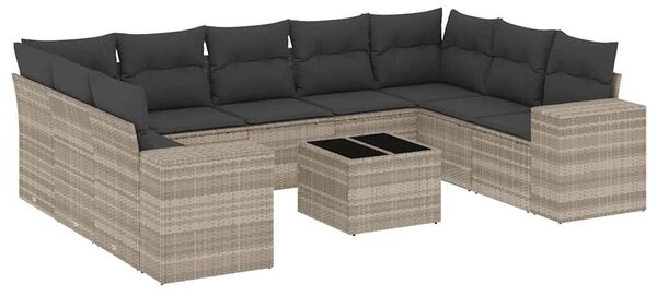 10 részes világosszürke polyrattan kerti ülőgarnitúra párnákkal