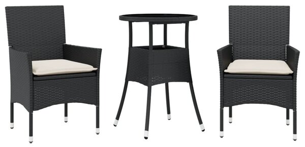 3 részes fekete polyrattan/üveg kerti étkezőgarnitúra párnákkal
