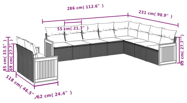 10 részes fekete polyrattan kerti ülőgarnitúra párnákkal
