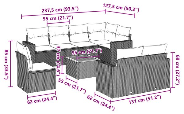 9 részes fekete polyrattan kerti ülőgarnitúra párnákkal