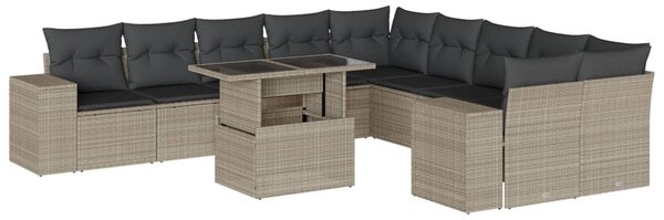 11 részes világosszürke polyrattan kerti ülőgarnitúra párnákkal