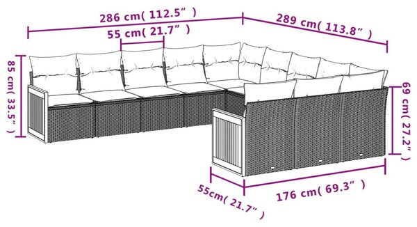 11 részes fekete polyrattan kerti ülőgarnitúra párnákkal