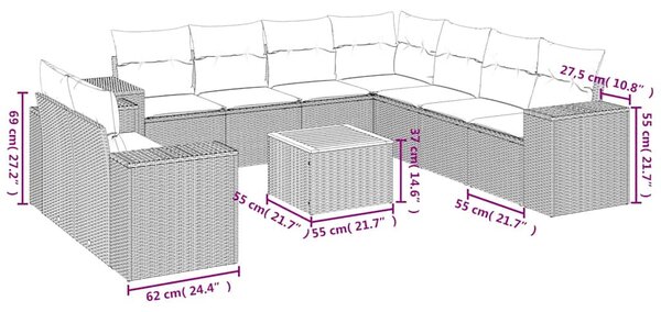 10 részes fekete polyrattan kerti ülőgarnitúra párnákkal