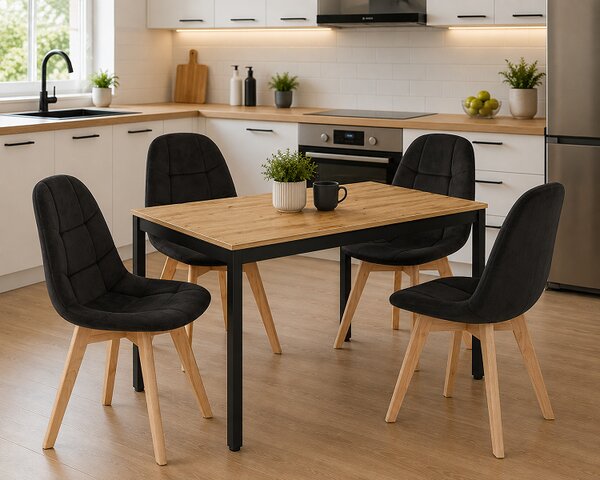 Étkezőasztal szett: Tessa 120x60 artisan tölgy/fekete lábakkal + 4 db BORA szék bársony fekete/natúr lábbal