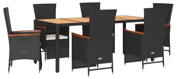 7 részes fekete polyrattan kerti étkezőgarnitúra párnával