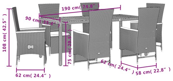 7 részes fekete polyrattan kerti étkezőgarnitúra párnával