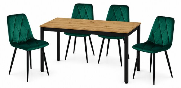 Étkezőasztal szett: Tessa 120x60 artisan tölgy/fekete lábak + 4 db DORA szék sötétzöld/fekete lábbal