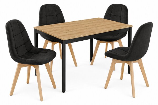 Étkezőasztal szett: Tessa 120x60 artisan tölgy/fekete lábakkal + 4 db BORA szék bársony fekete/natúr lábbal