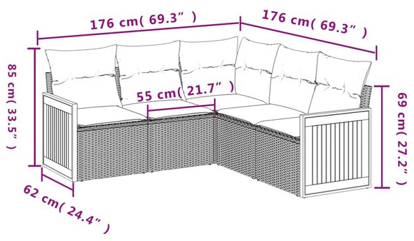 5 részes fekete polyrattan kerti kanapészett párnákkal