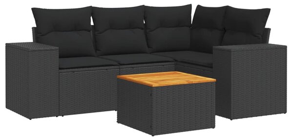 5 részes fekete polyrattan kerti kanapészett párnákkal