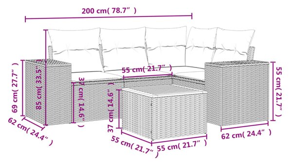 5 részes fekete polyrattan kerti kanapészett párnákkal