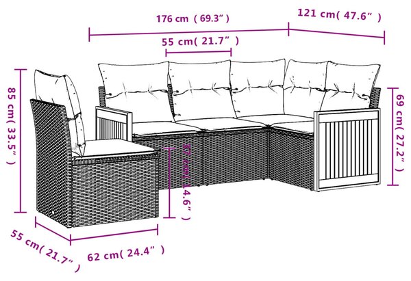 5 részes fekete polyrattan kerti kanapészett párnákkal