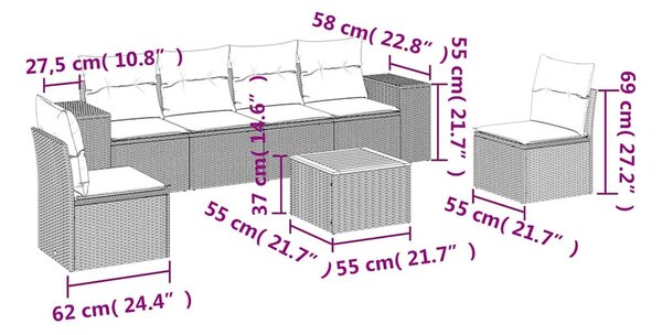 7 részes fekete polyrattan kerti ülőgarnitúra párnával