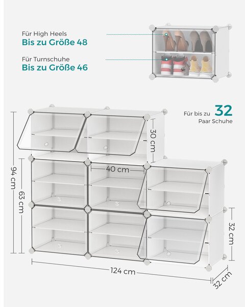 SONGMICS 8 rekeszes cipőtároló szekrény ajtókkal műanyag acél váz fehér