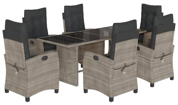 7 részes világosszürke polyrattan kerti étkezőszett párnával