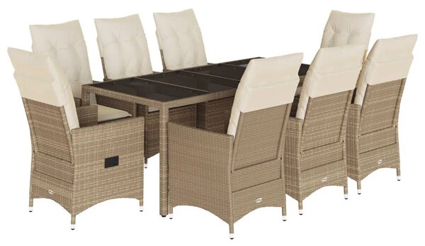 9 részes bézs polyrattan kerti étkezőgarnitúra párnákkal