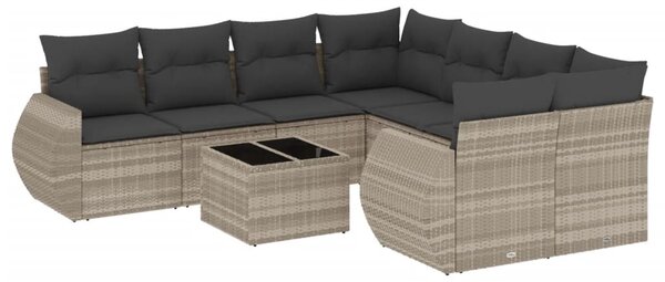 9 részes világosszürke polyrattan kerti ülőgarnitúra párnával