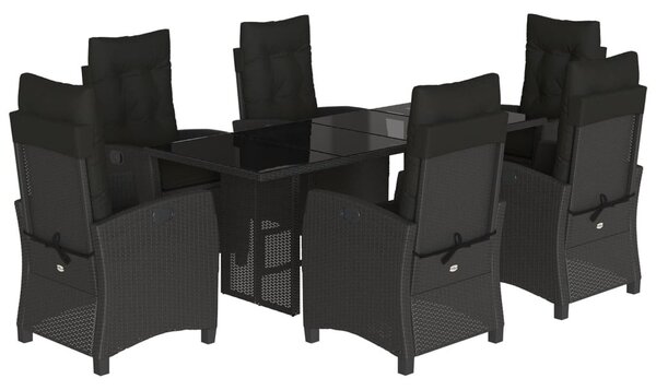 7 részes fekete polyrattan kerti étkezőgarnitúra párnával