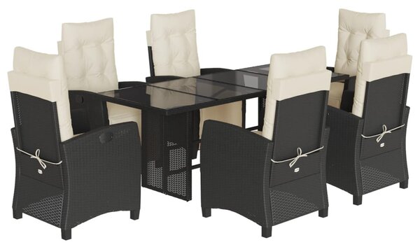 7 részes fekete polyrattan kerti étkezőgarnitúra párnával