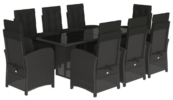 9 részes fekete polyrattan kerti étkezőgarnitúra párnákkal