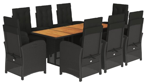 9 részes fekete polyrattan kerti étkezőgarnitúra párnákkal