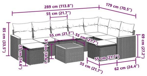 10 részes fekete polyrattan kerti ülőgarnitúra párnákkal