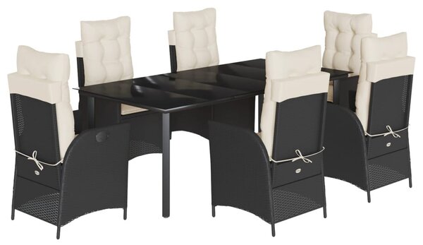 7 részes fekete polyrattan kerti étkezőgarnitúra párnával