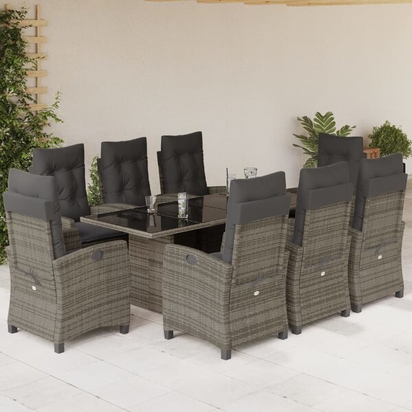 9 részes szürke polyrattan kerti étkezőgarnitúra párnával