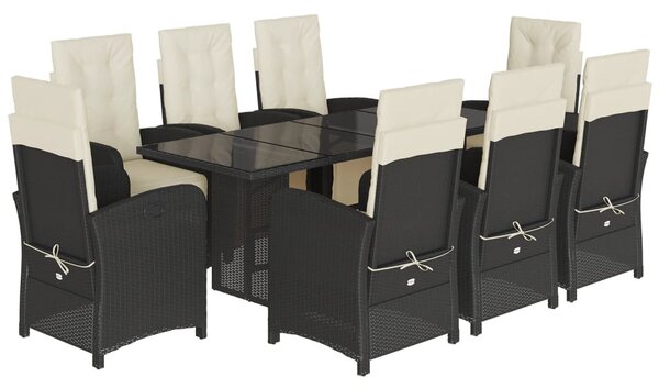 9 részes fekete polyrattan kerti étkezőgarnitúra párnákkal