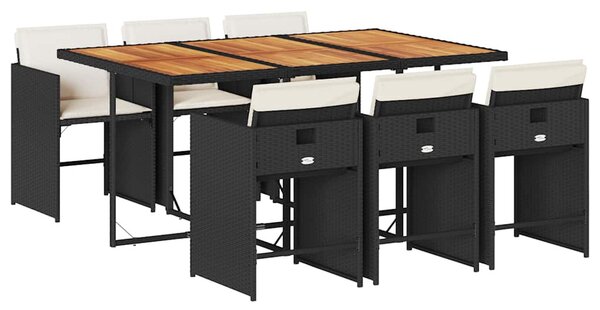 7 részes fekete polyrattan kerti étkezőgarnitúra párnával