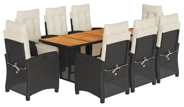 9 részes fekete polyrattan kerti étkezőgarnitúra párnákkal