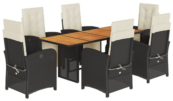 7 részes fekete polyrattan kerti étkezőgarnitúra párnával