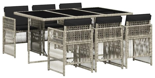 7 részes világosszürke polyrattan kerti étkezőszett párnával