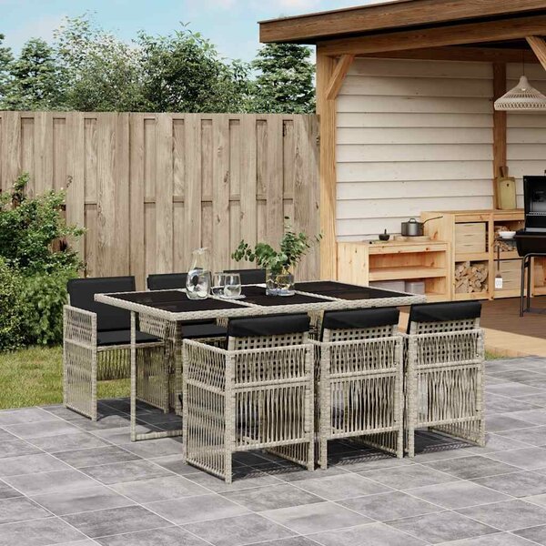 7 részes világosszürke polyrattan kerti étkezőszett párnával