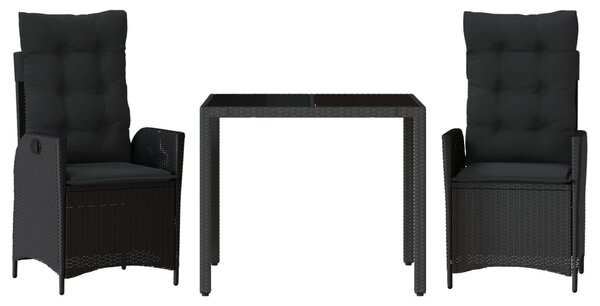3 részes fekete polyrattan kerti étkezőgarnitúra párnákkal