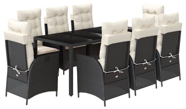 9 részes fekete polyrattan kerti étkezőgarnitúra párnákkal