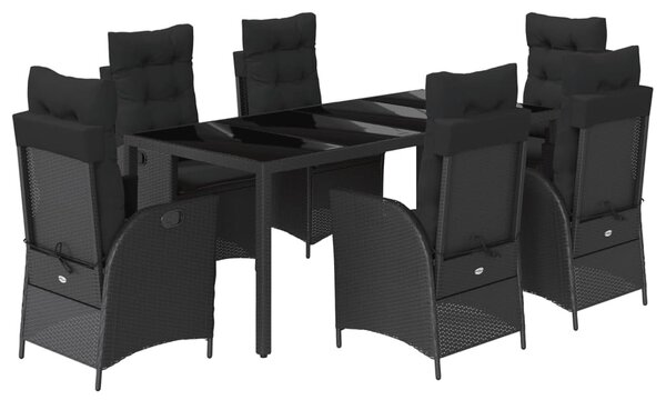 7 részes fekete polyrattan kerti étkezőgarnitúra párnával